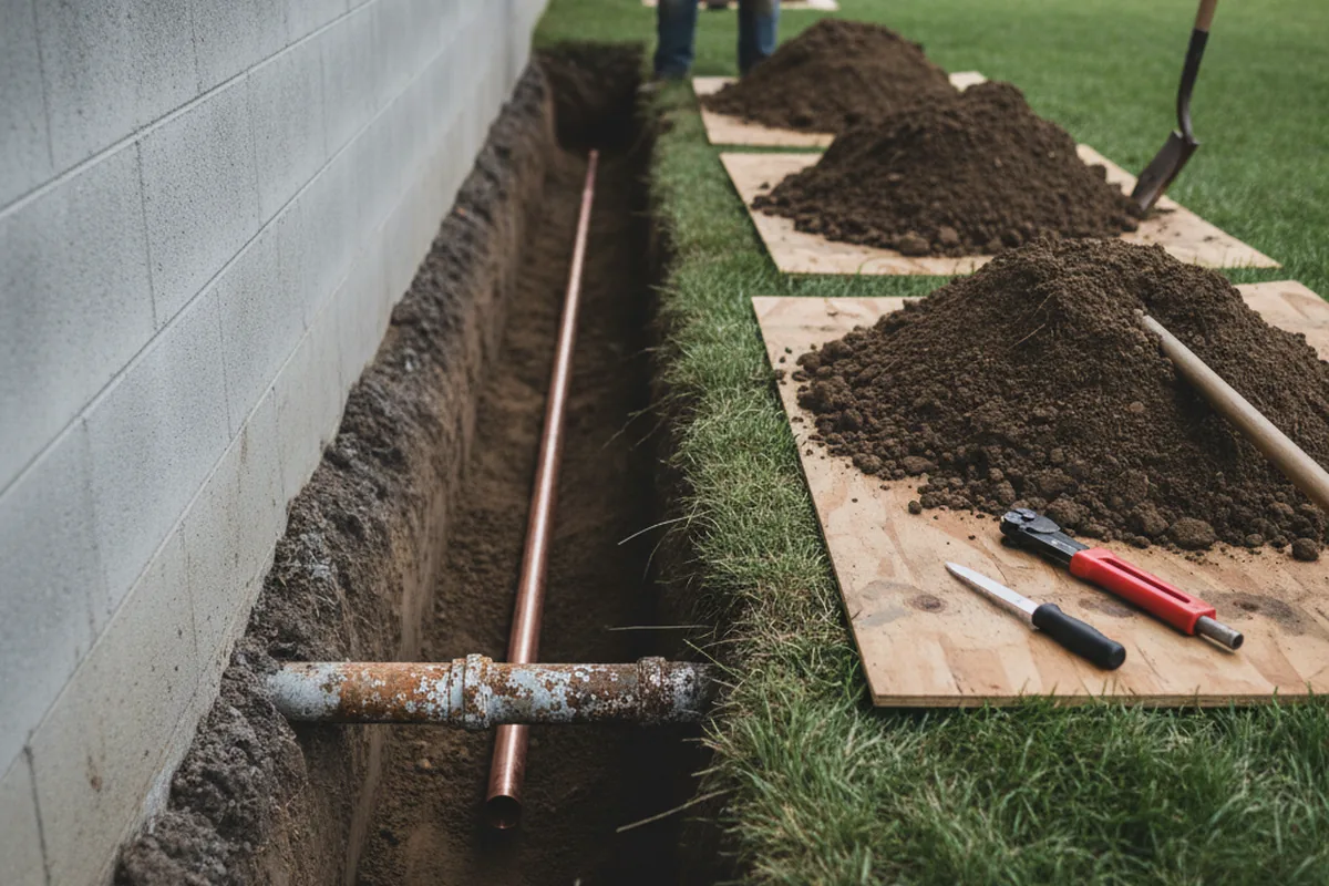 Excavated water line trench during Sewer Line Repair in Adin